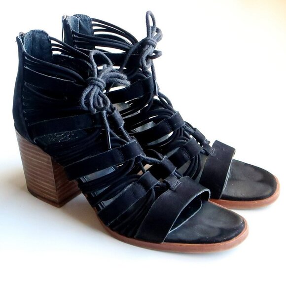 Vince Camuto Black Suede Leather Strappy Cutout Block Heel Sandals Bootie Shoes - Picture 14 of 15